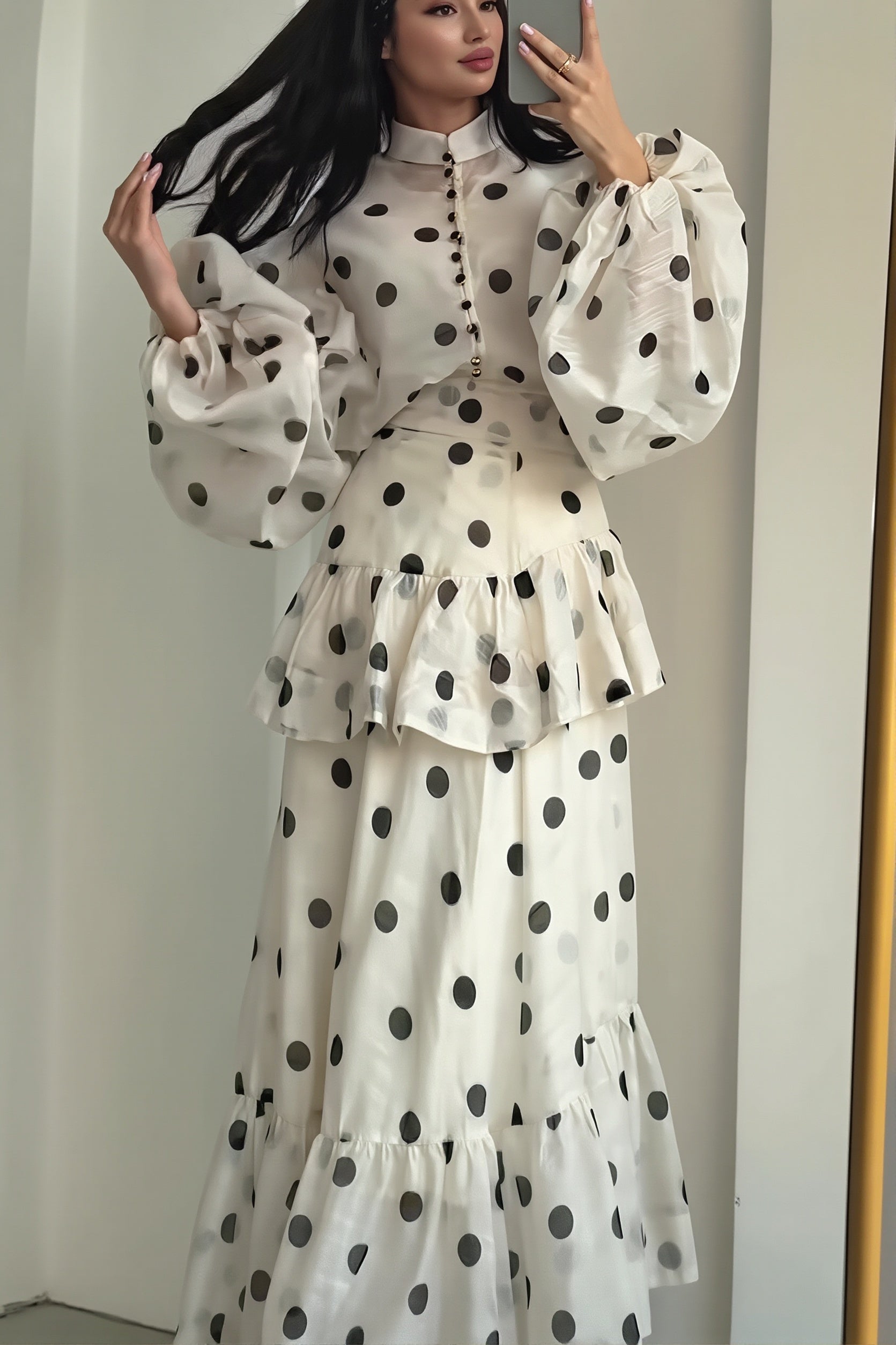 Sheer Polka Dot Long-Sleeve Maxi Dress