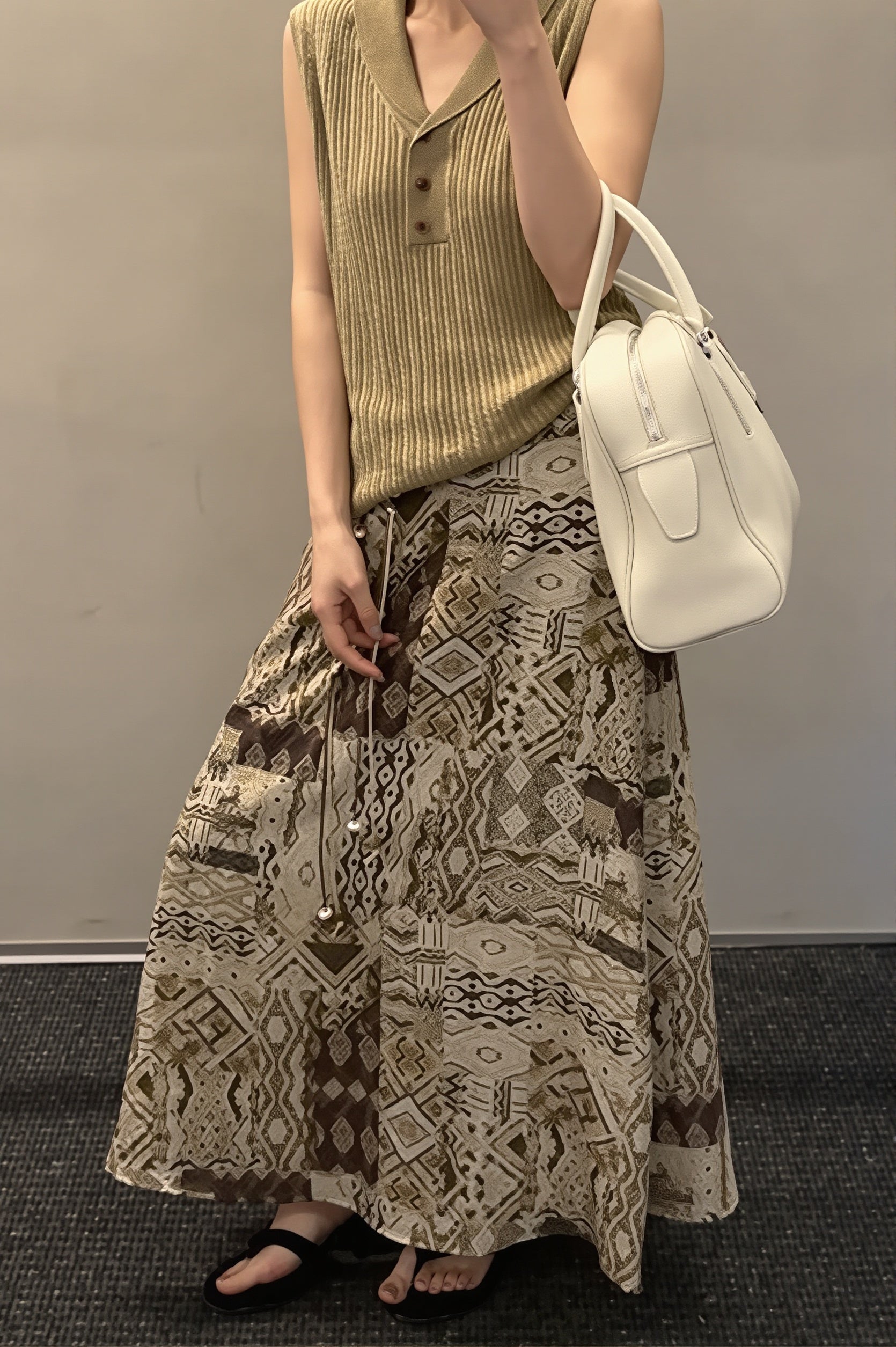 Print Beaded-Belt A-Line Maxi Skirt