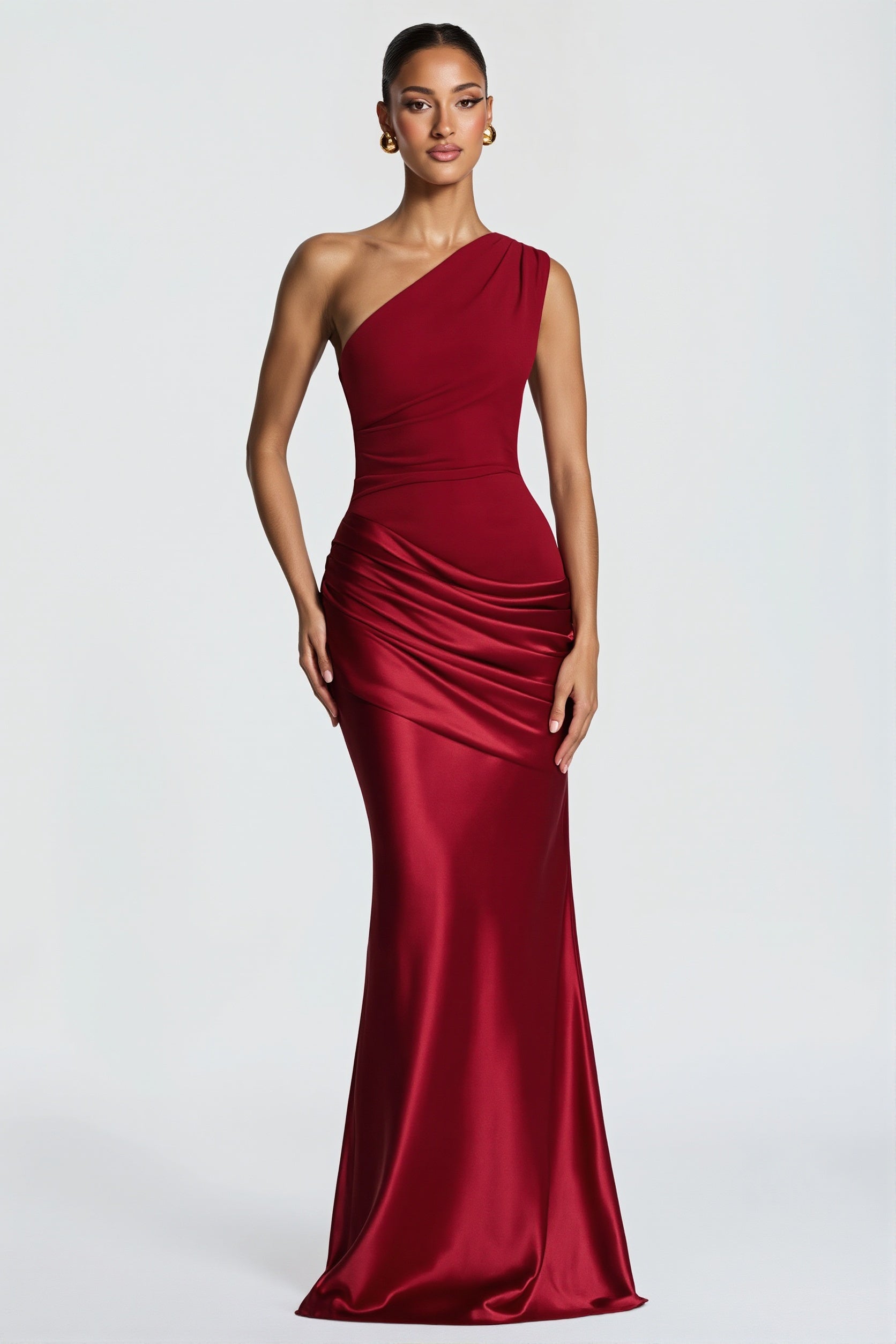 Satin-Splice Ruched Slim Maxi Dress