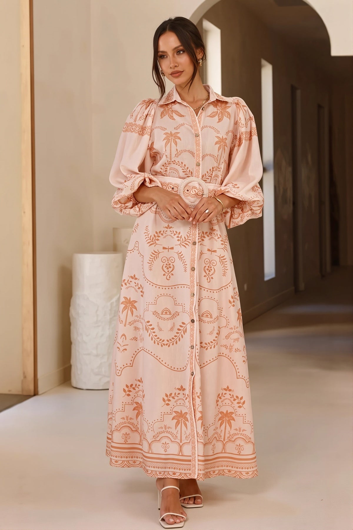 Linen Puff-Sleeve Boho Dress