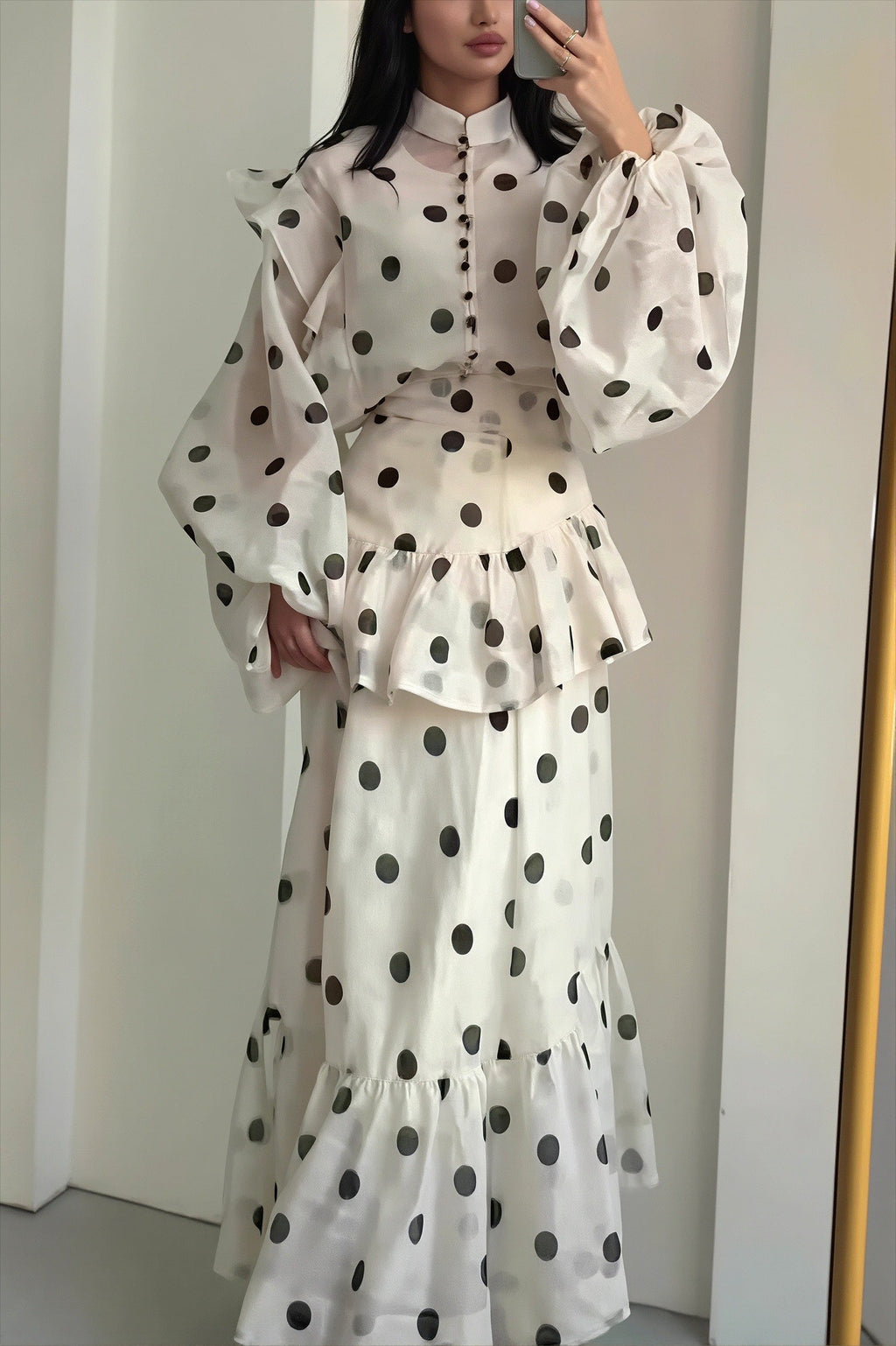 Sheer Polka Dot Long-Sleeve Maxi Dress