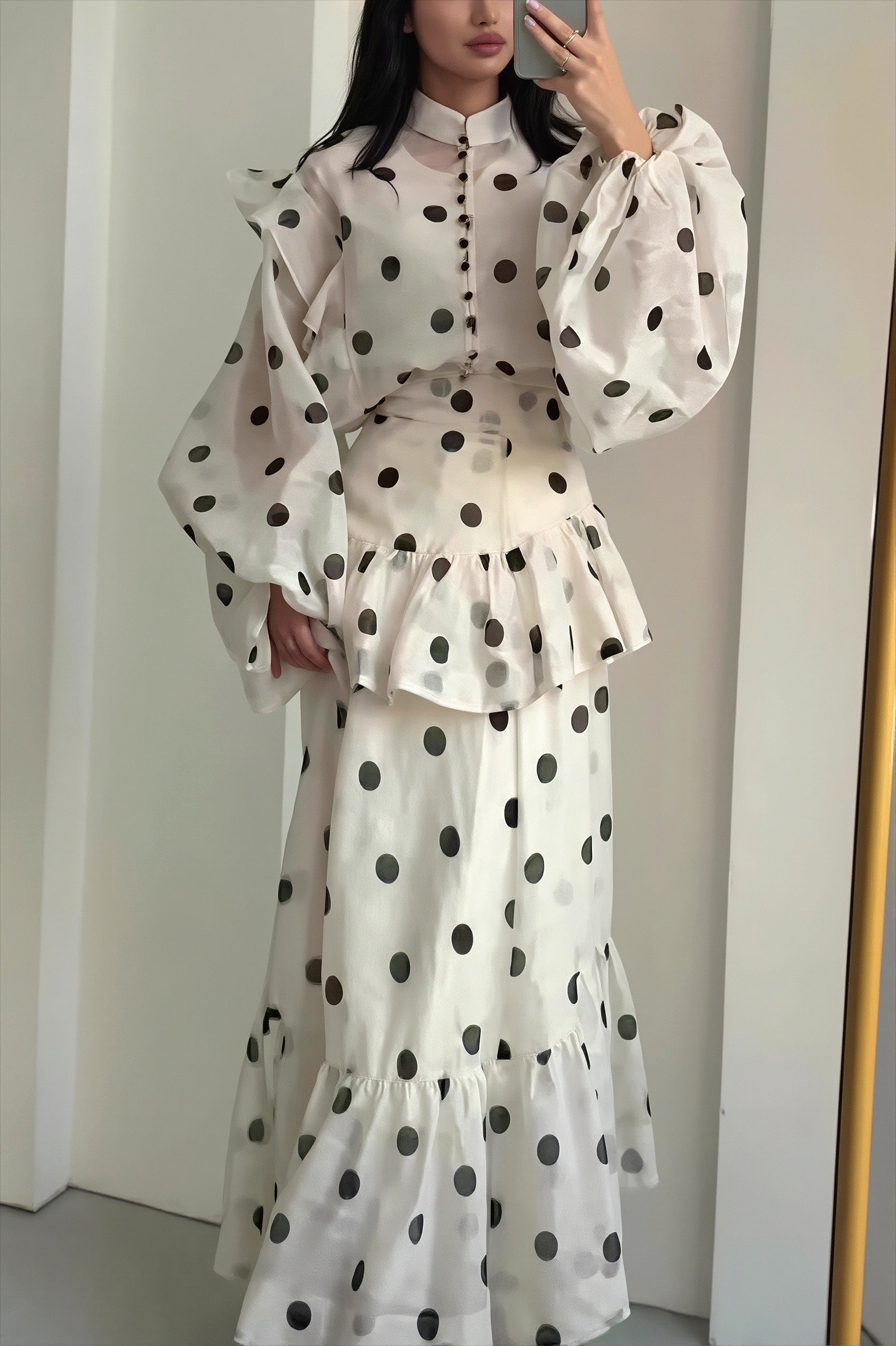 Sheer Polka Dot Long-Sleeve Maxi Dress