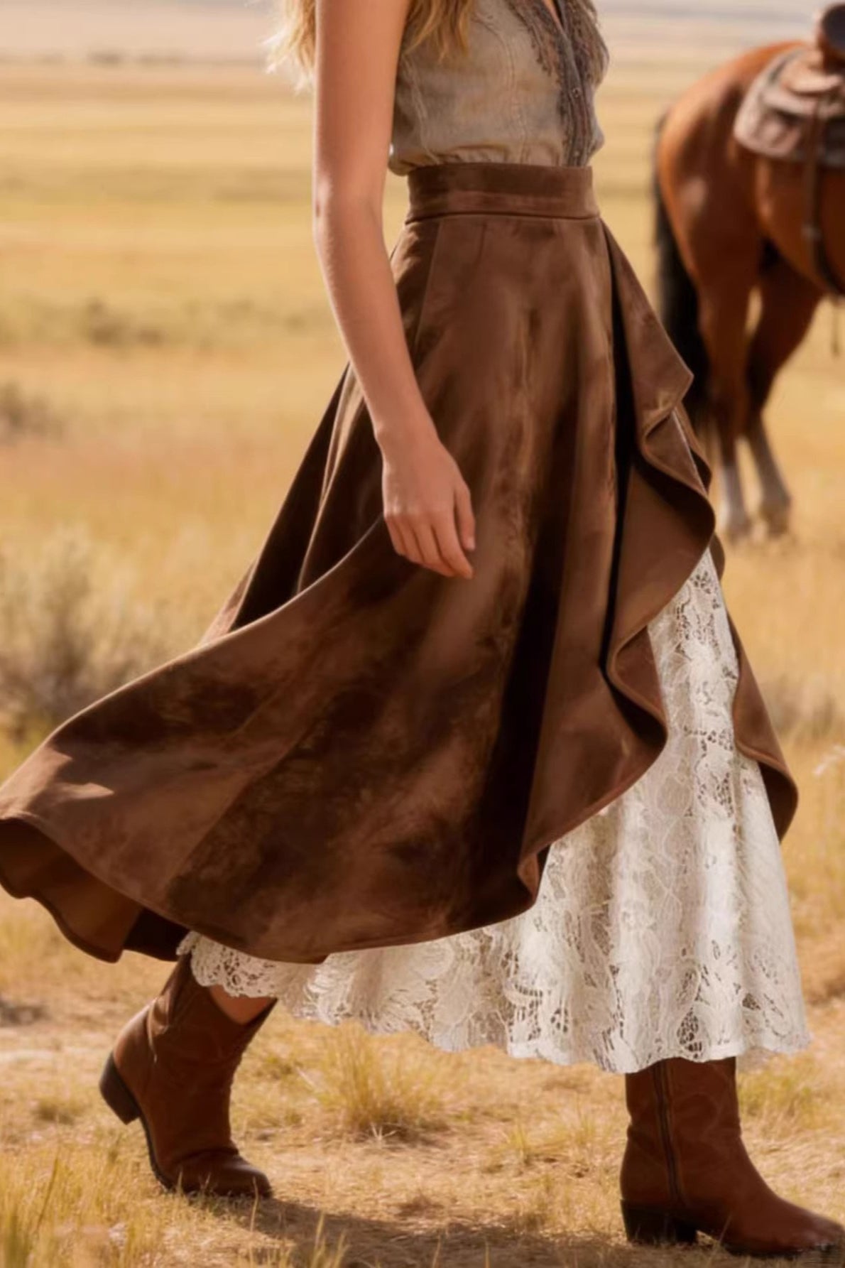 Suede Lace-Panel Midi Skirt