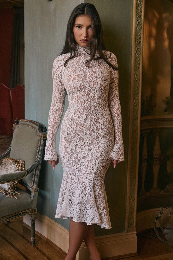 Lace Long-Sleeve Mermaid Midi Dress