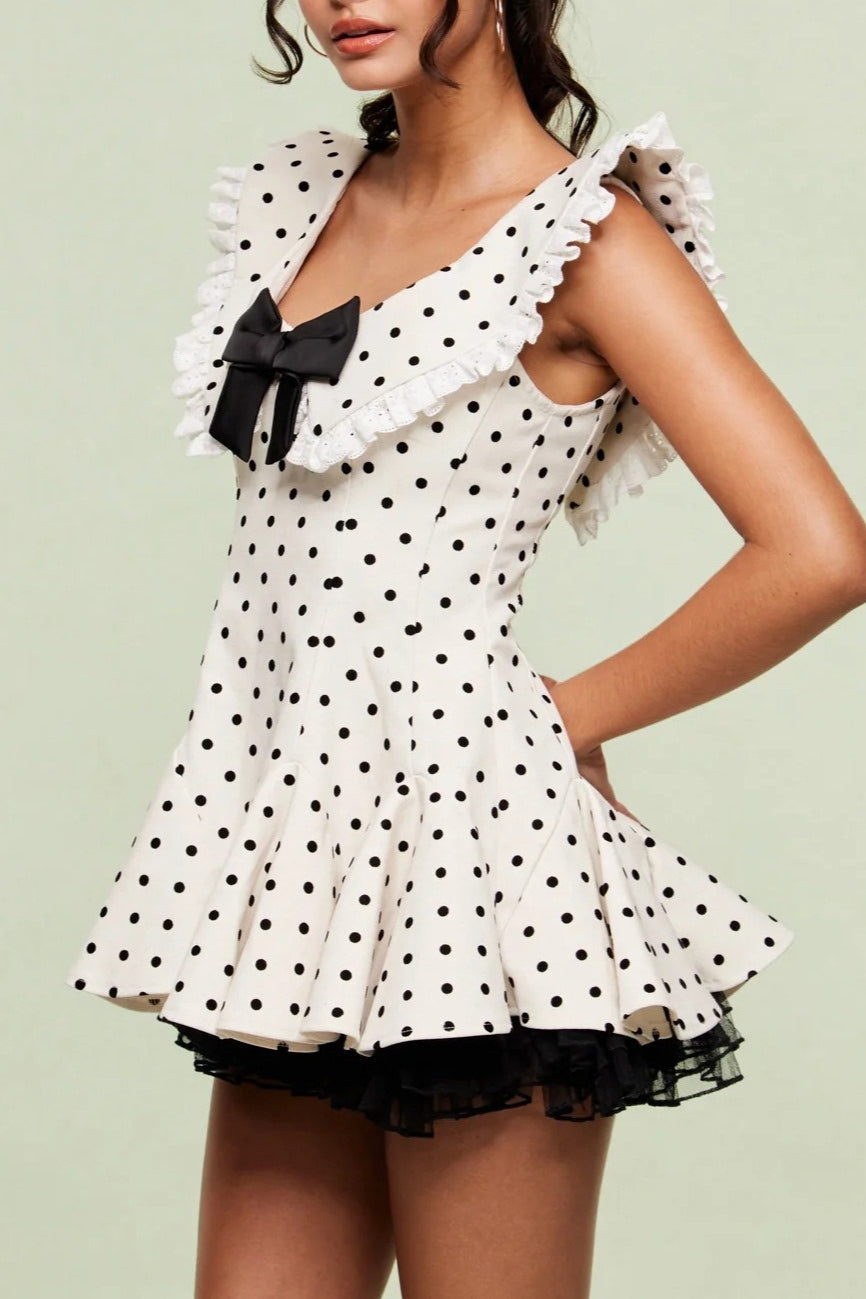 Polka Dot Bow-Collar Ruffle Mini Dress