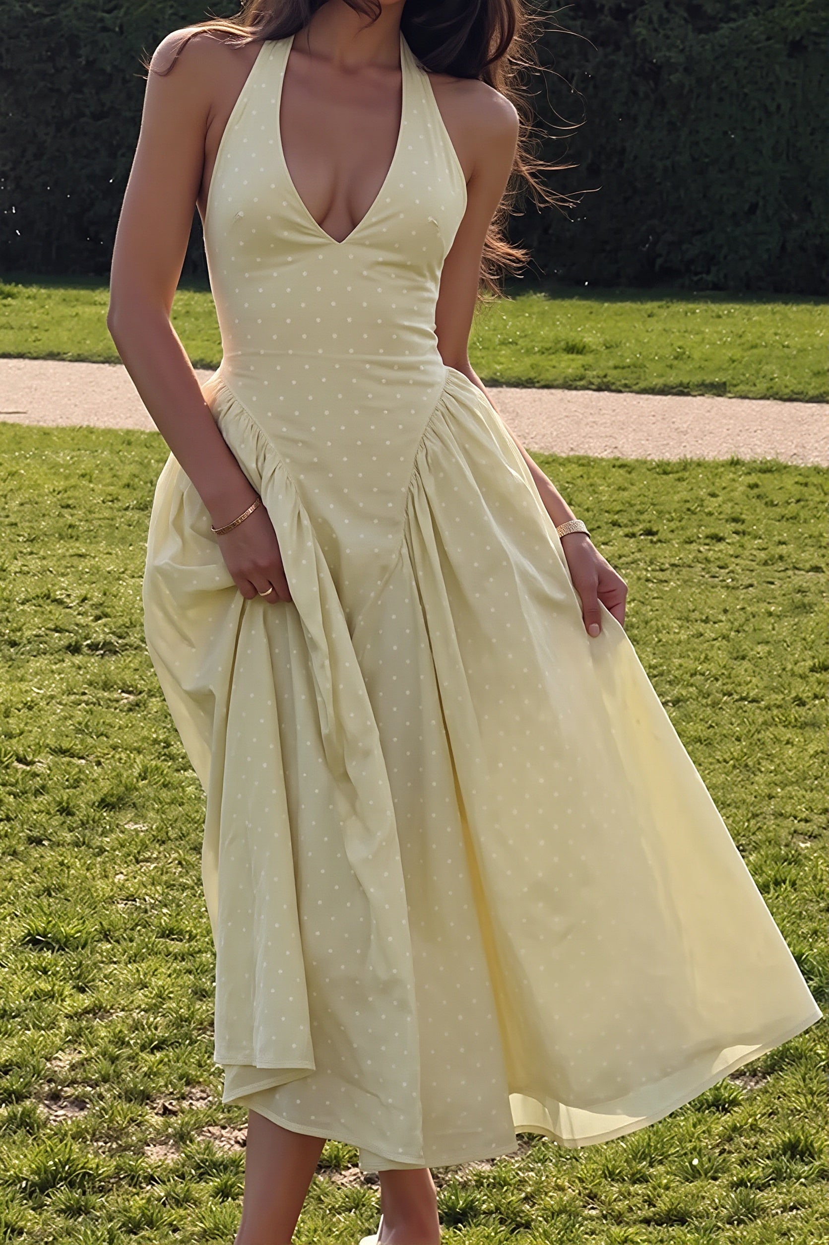 Polka Dot Halter Deep-V Maxi Dress