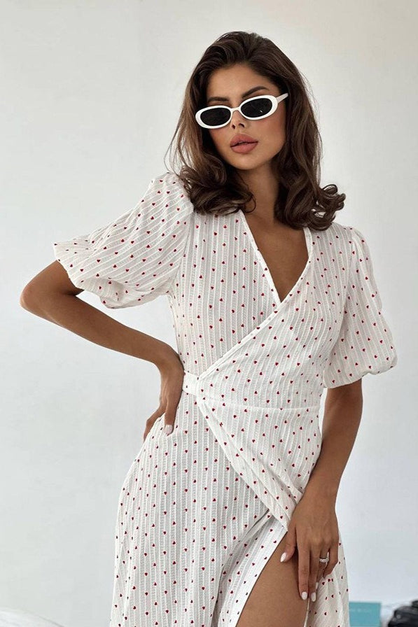 Heart-Print V-Neck Wrap Maxi Dress