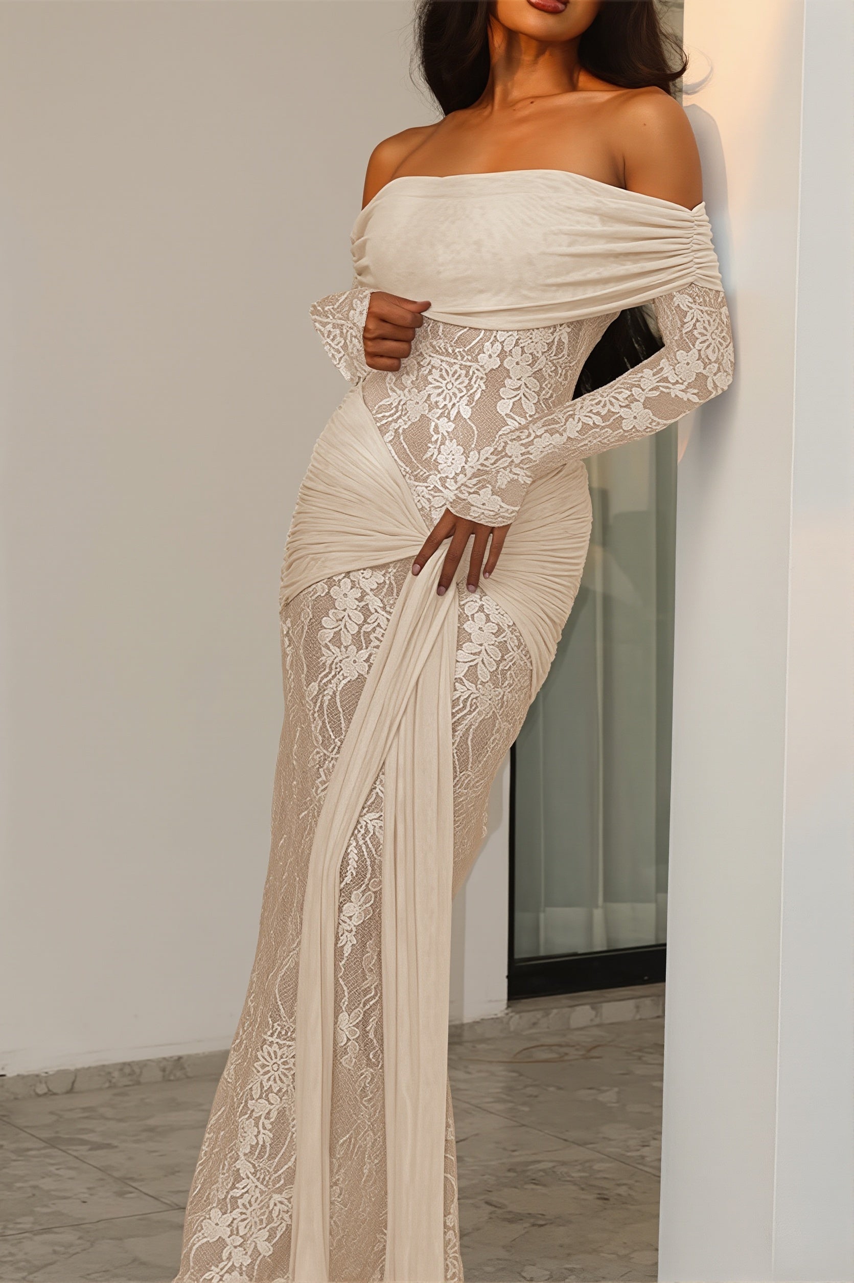 Lace-Trim Off-Shoulder Wrap Maxi Dress