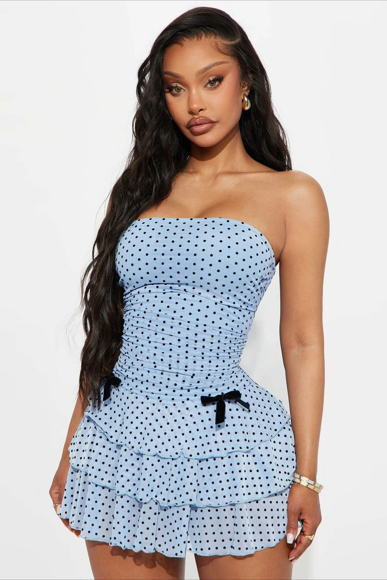 Polka Dot Bandeau Mesh Bow Mini Dress