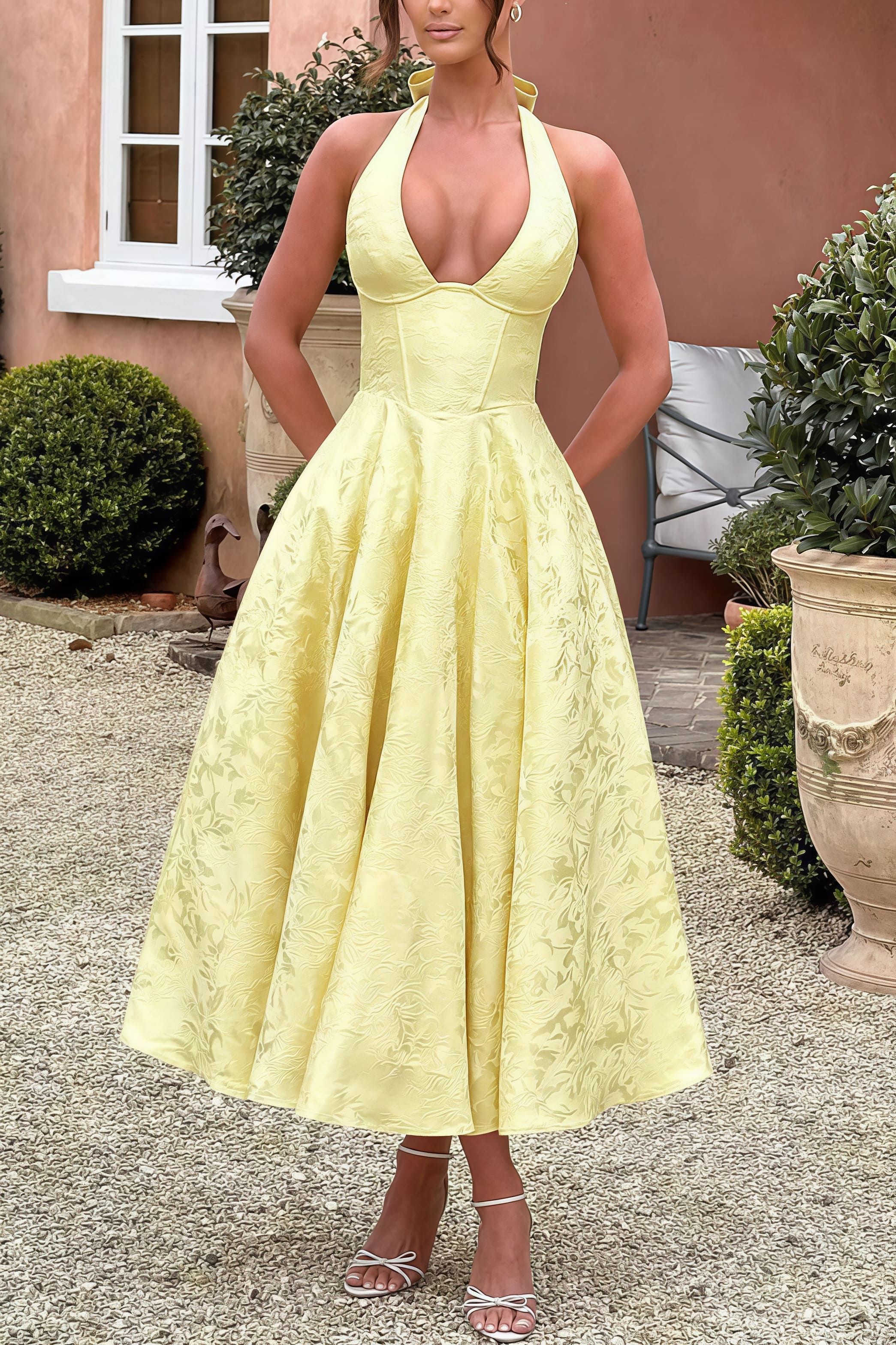 Jacquard Halter Backless Midi Dress