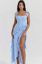Ribbon Ruffle-Splice Slit Maxi Dress