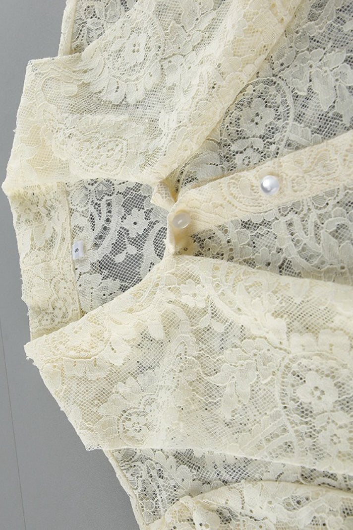 Sheer Lace Tie Long-Sleeve Blouse