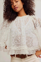 Lace Ruffle-Sleeve Crop Blouse