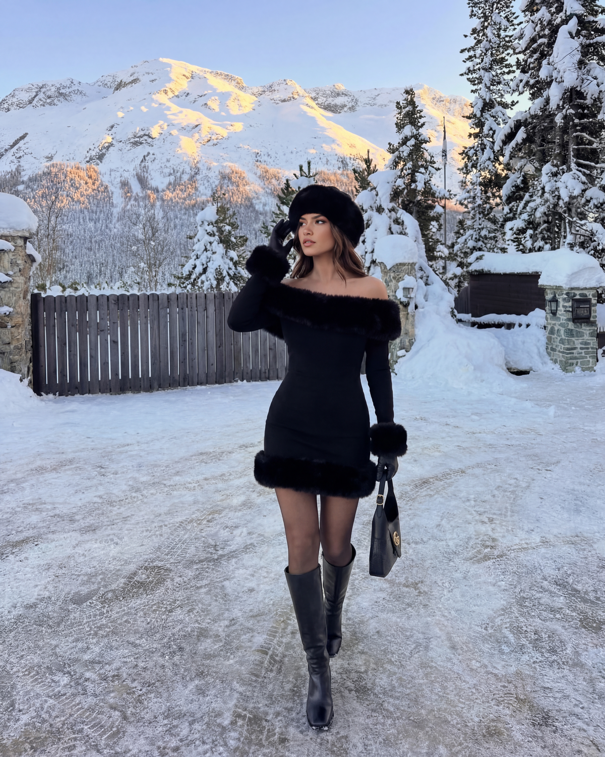 Bella Black Faux-Fur Off-Shoulder Mini Dress