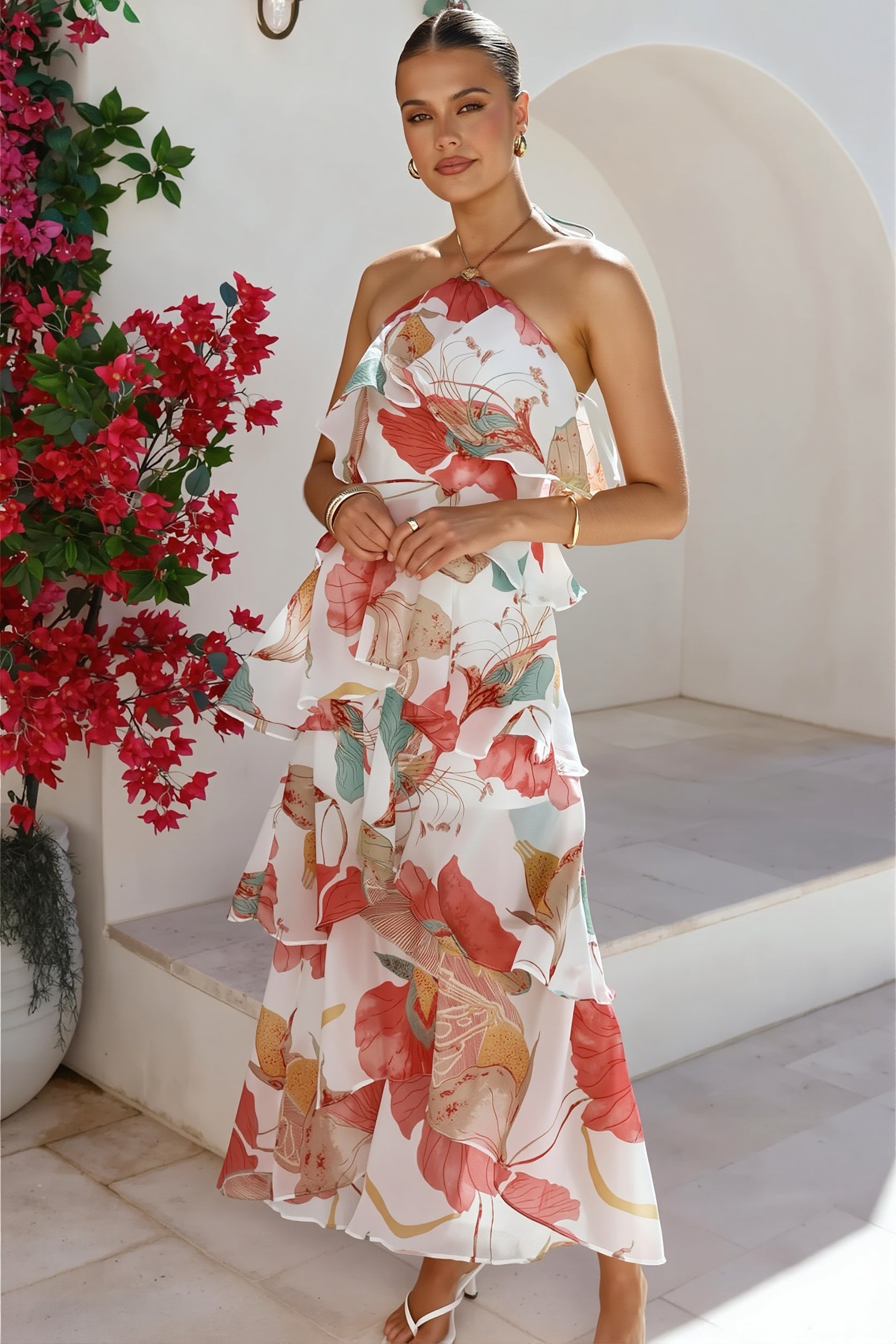 Tiered Ruffle Chiffon Maxi Dress