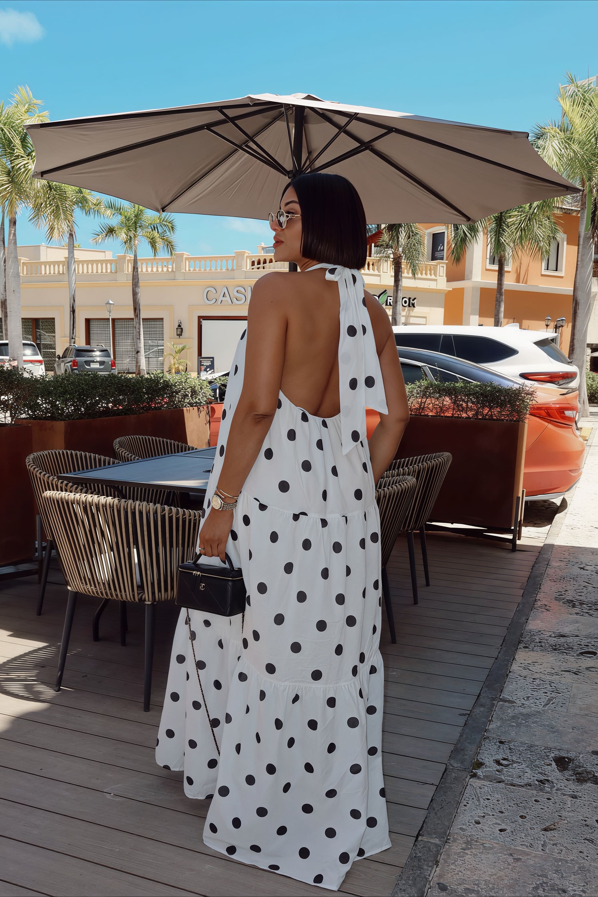Polka Dot Patchwork Halter Swing Maxi Dress