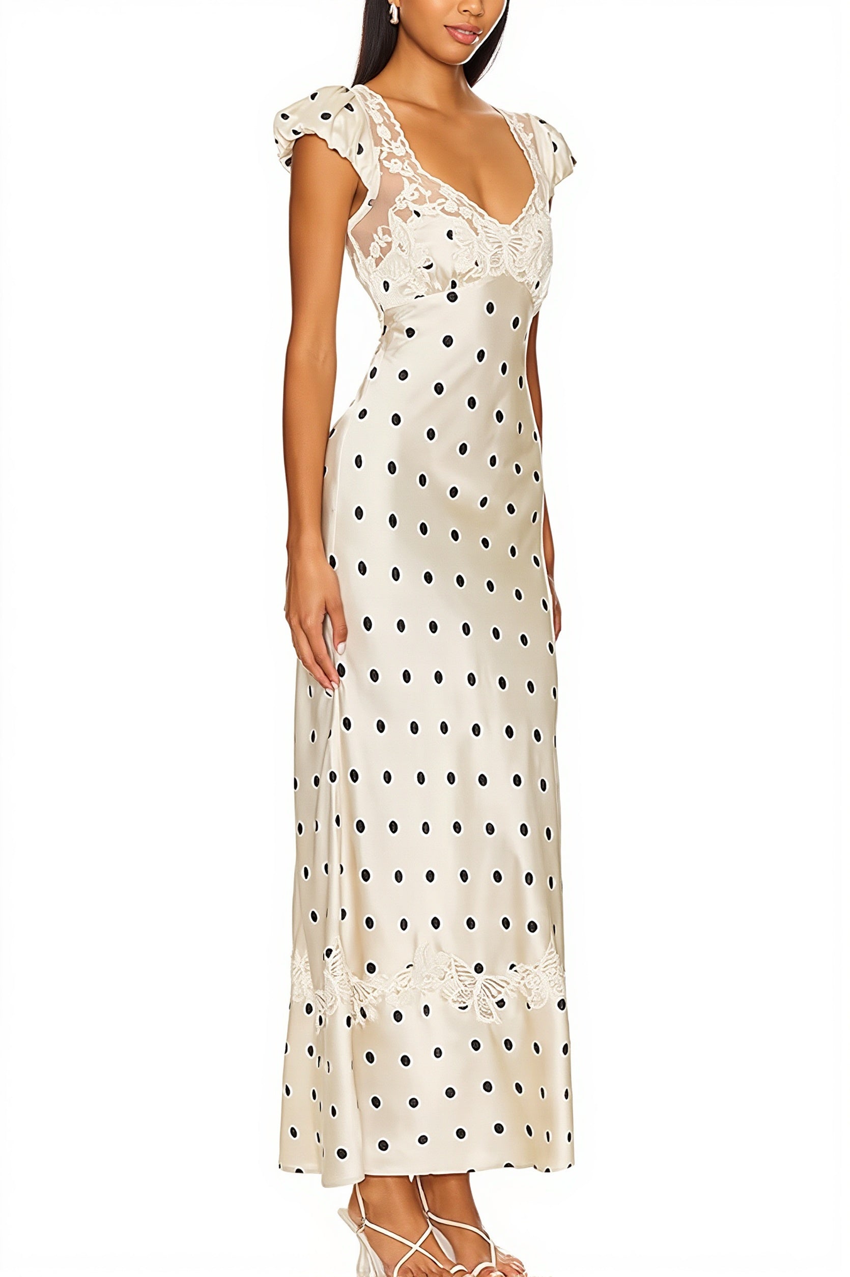 Polka Dot Lace-Splice Satin Maxi Dress