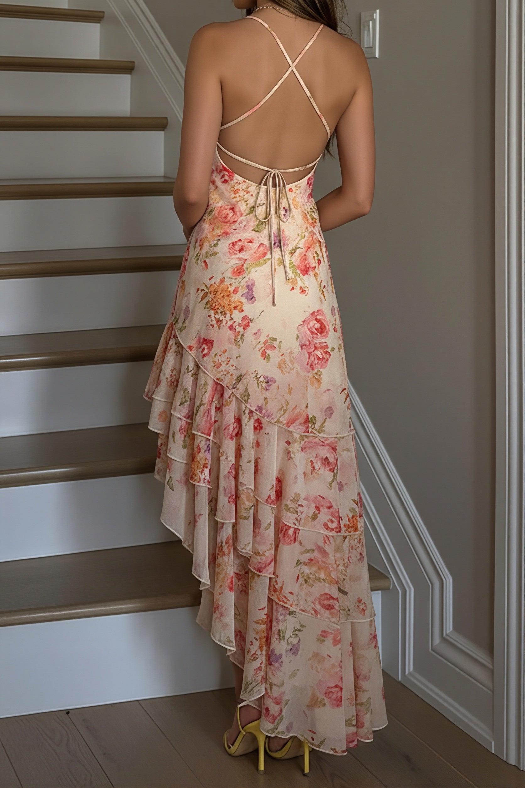 Floral Halter Irregular-Hem Maxi Dress