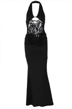 Sheer Lace Halter Open-Back Bodycon Maxi Dress
