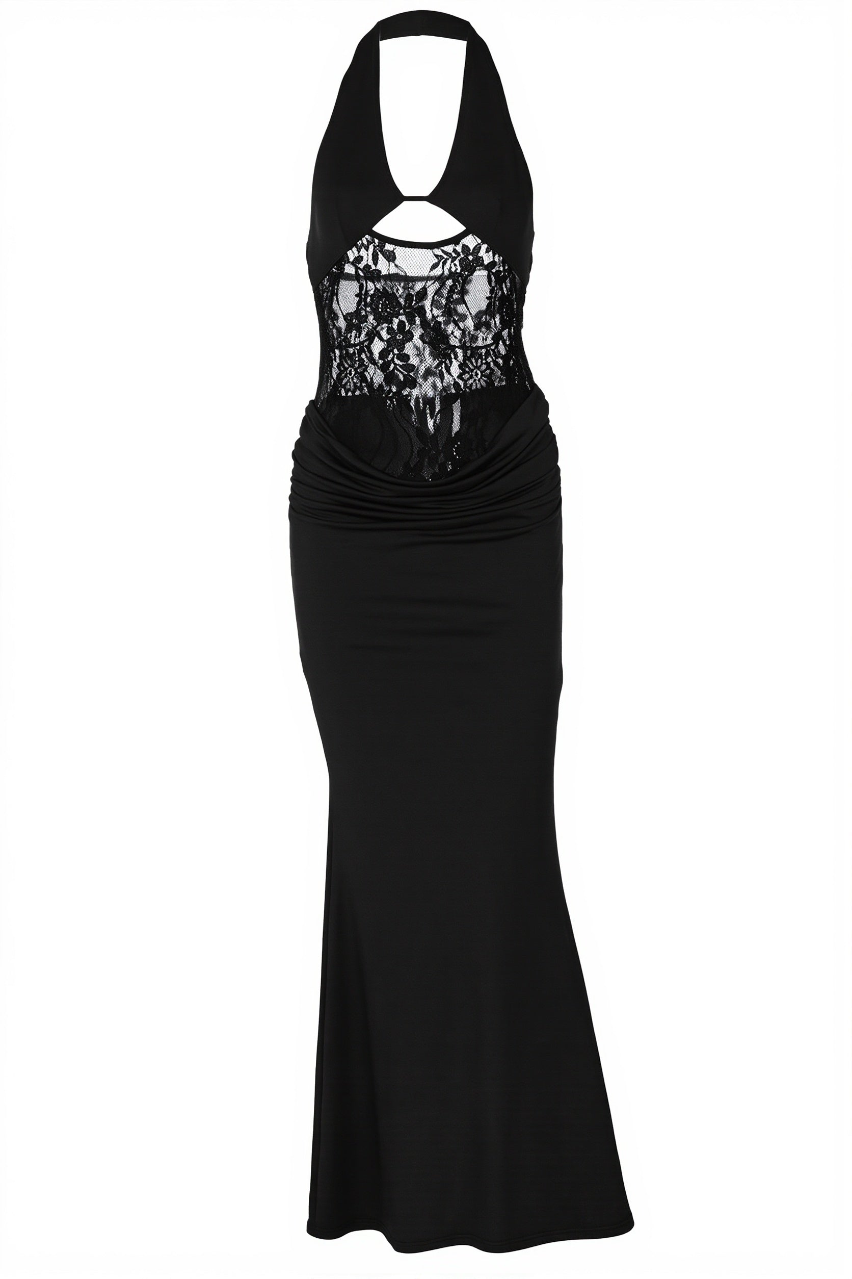 Sheer Lace Halter Open-Back Bodycon Maxi Dress