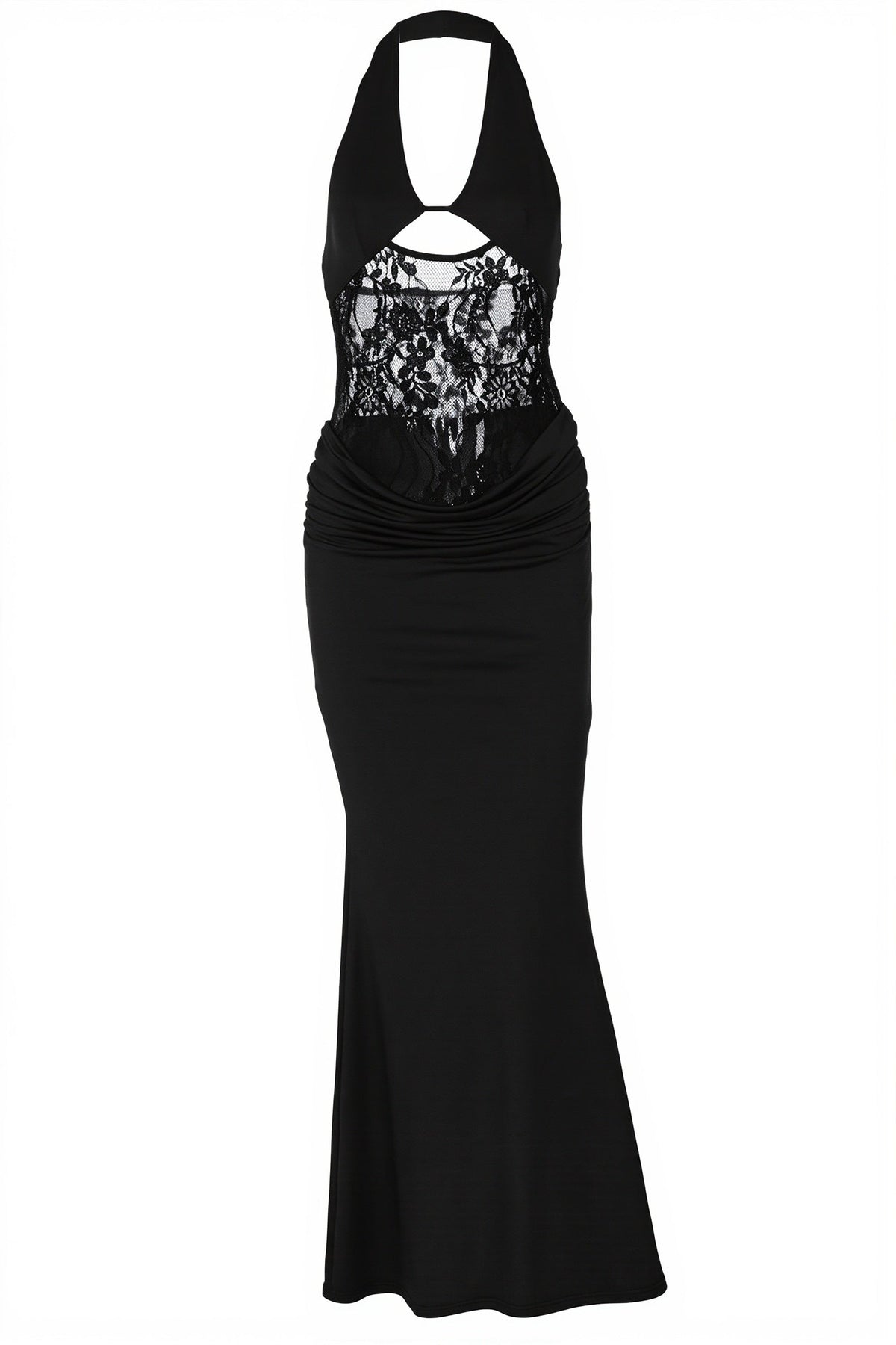 Sheer Lace Halter Open-Back Bodycon Maxi Dress