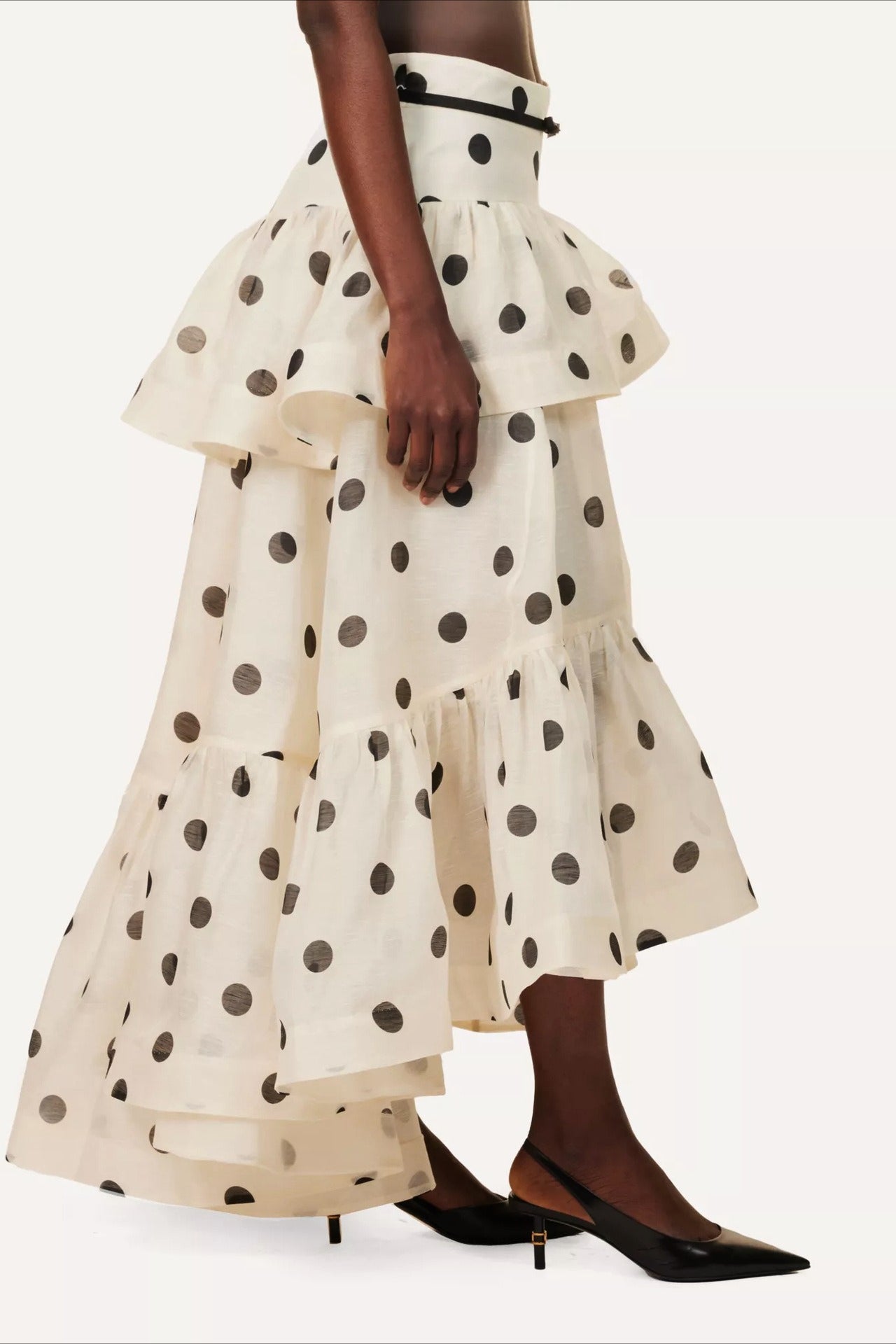 Tiered-Ruffle Polka Dot Midi Skirt