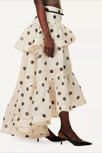Tiered-Ruffle Polka Dot Midi Skirt