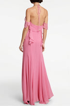 Deep-V Halter Ruffle Maxi Dress