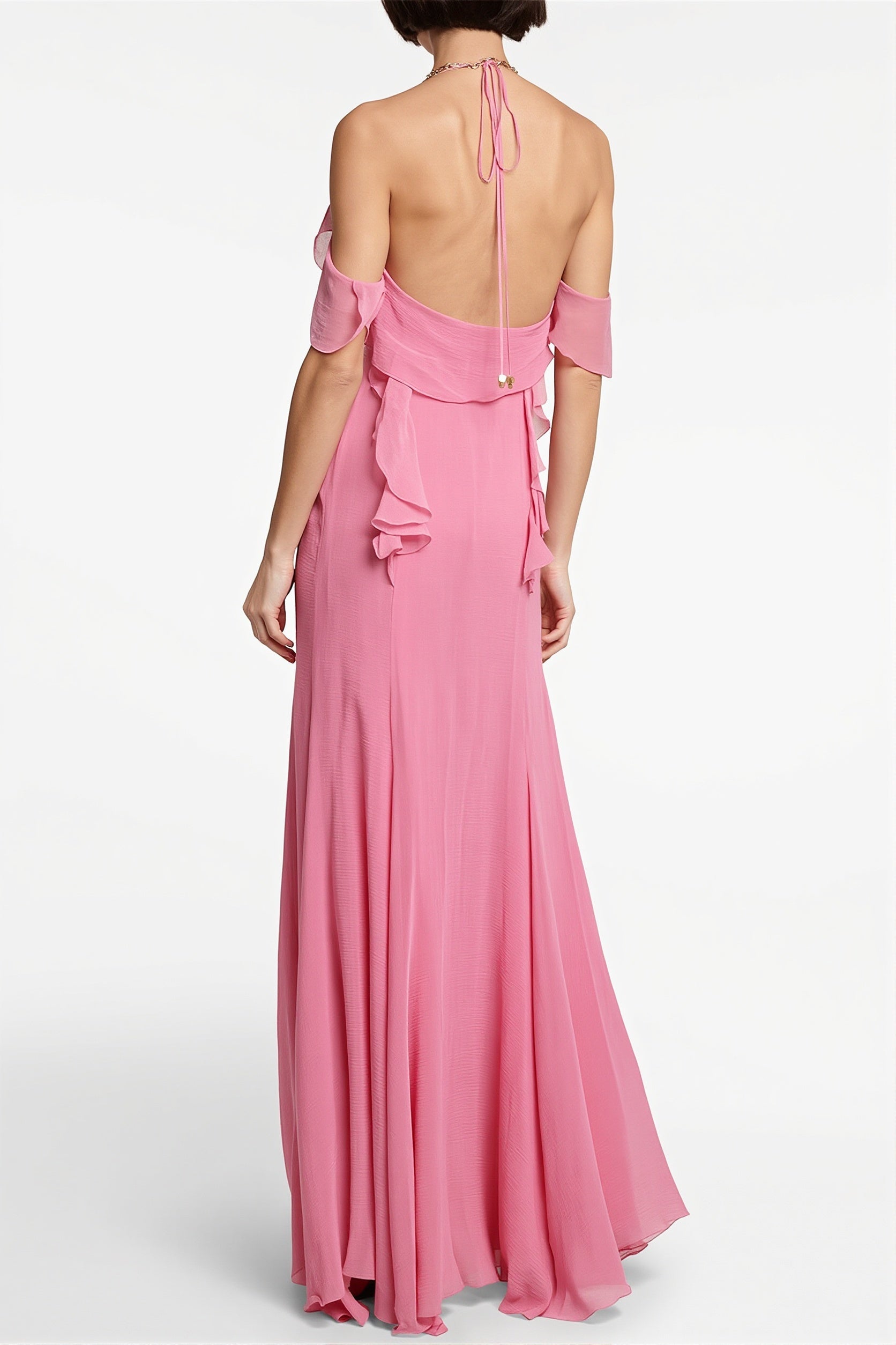 Deep-V Halter Ruffle Maxi Dress