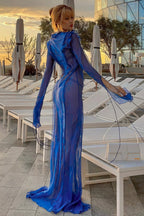 Sheer V-Neck Wrap-Tie Slit Maxi Dress