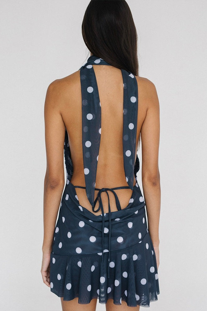 Polka Dot Halter Mesh Backless Mini Dress