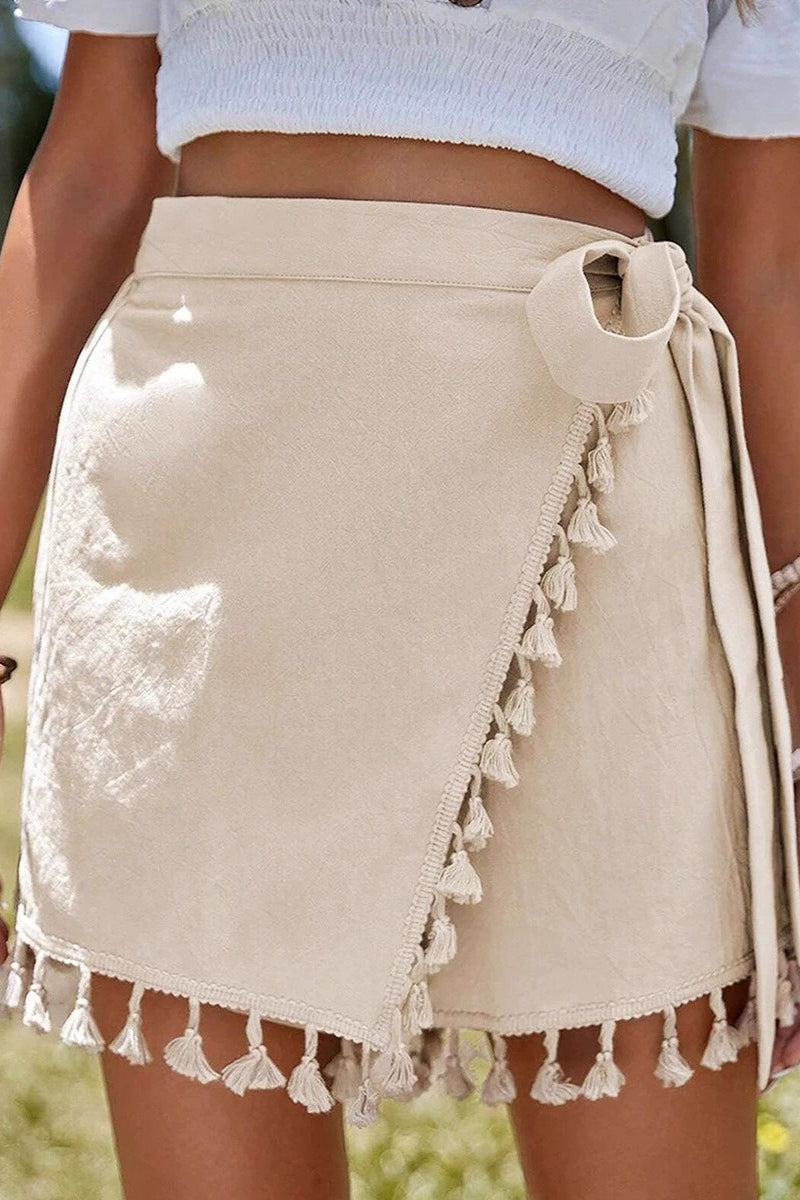 Lace-Up Fringe-Hem Short Skirt