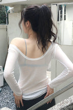Sheer U-Neck Long-Sleeve Blouse