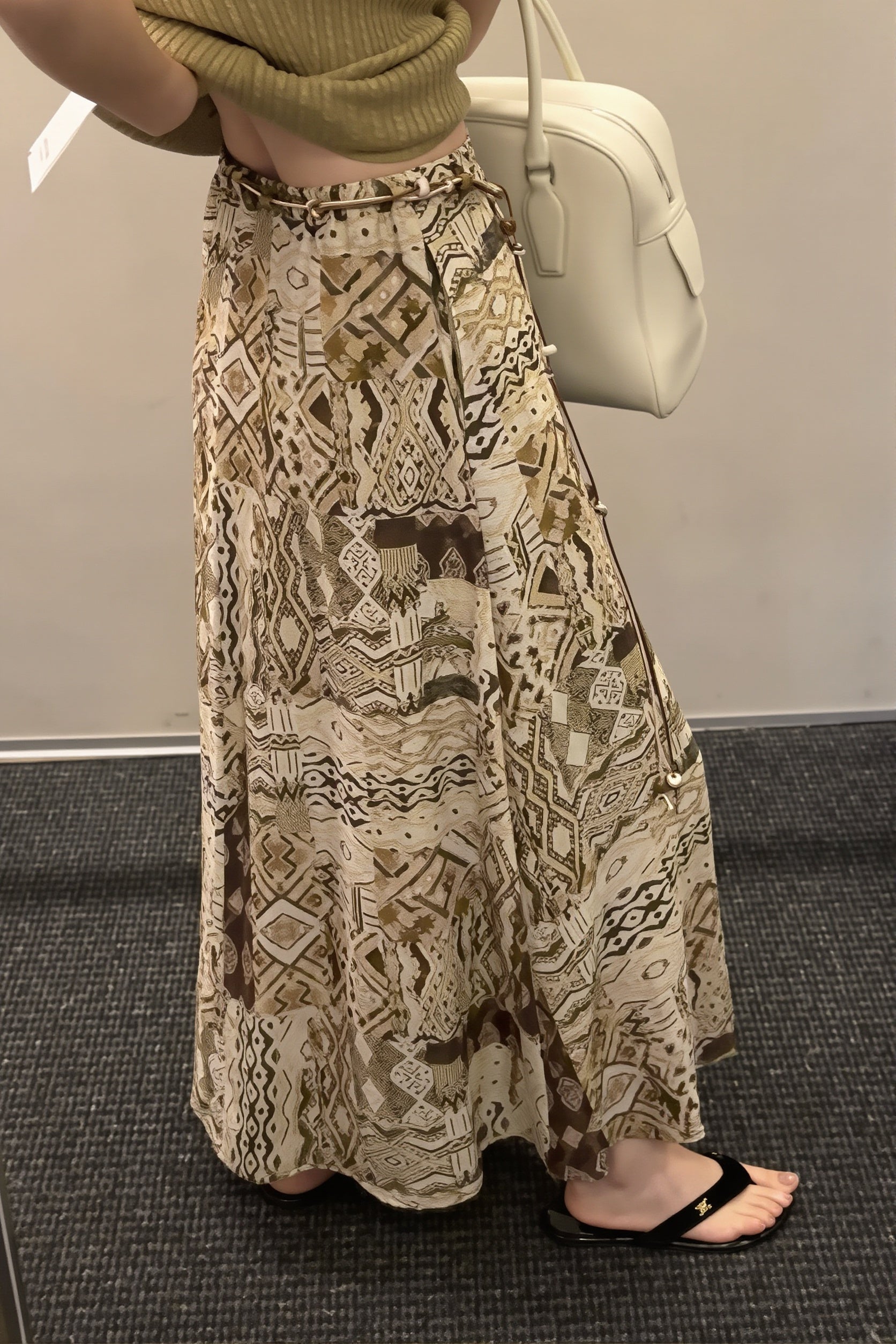 Print Beaded-Belt A-Line Maxi Skirt