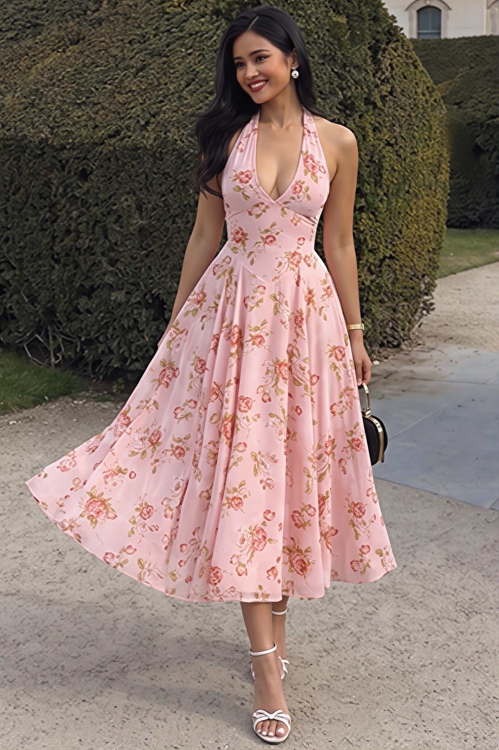 Print Halter Sheer-Mesh Backless Midi Dress