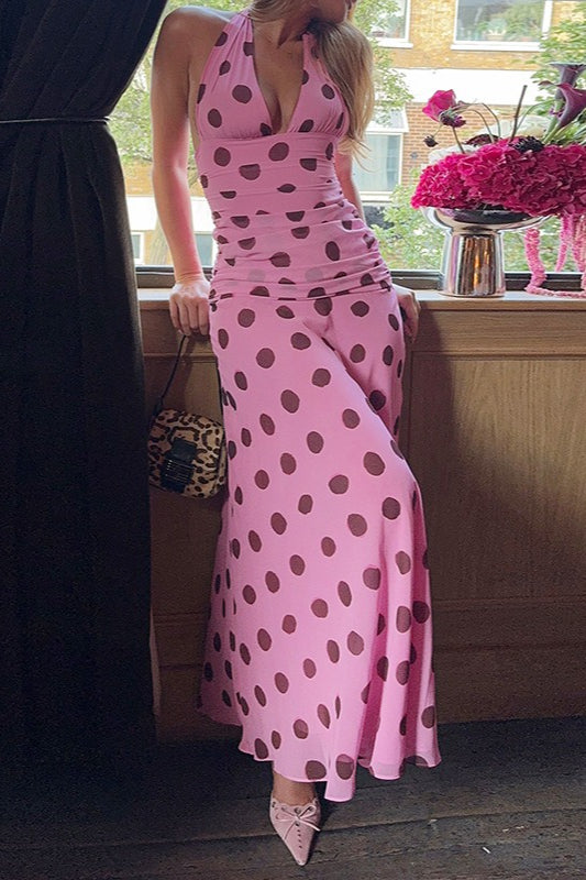 Polka Dot Halter V-Neck Maxi Dress