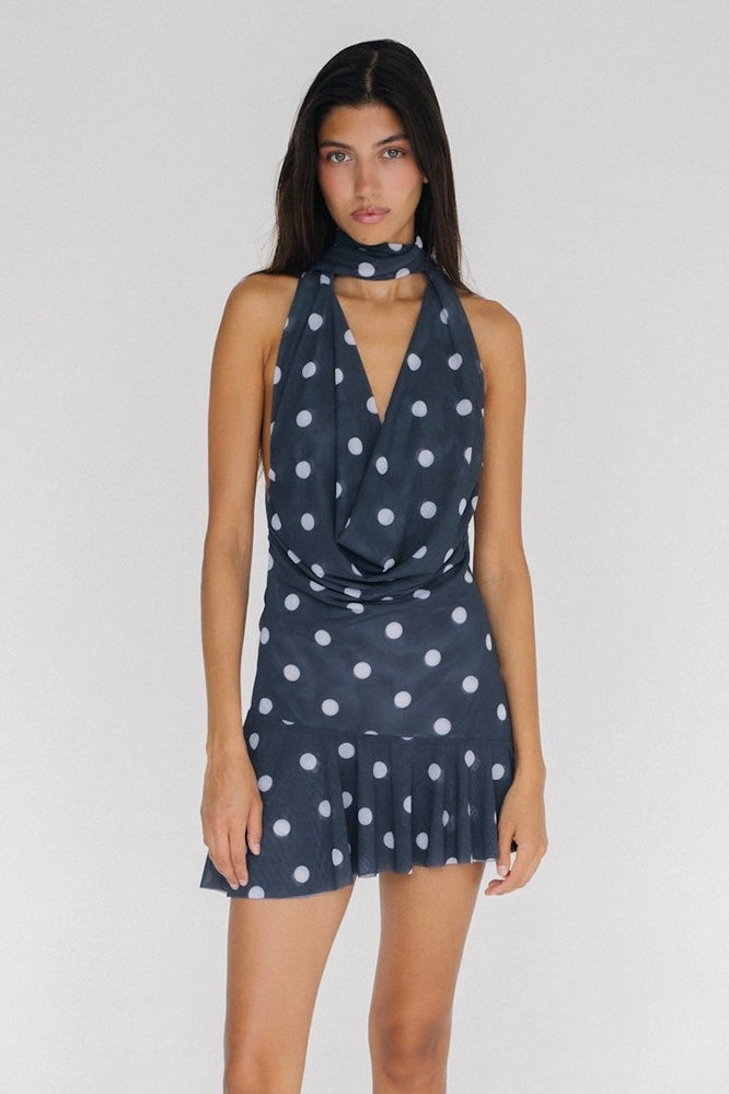 Polka Dot Halter Mesh Backless Mini Dress