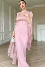 Glossy Flowy-Sleeve Slim Maxi Dress