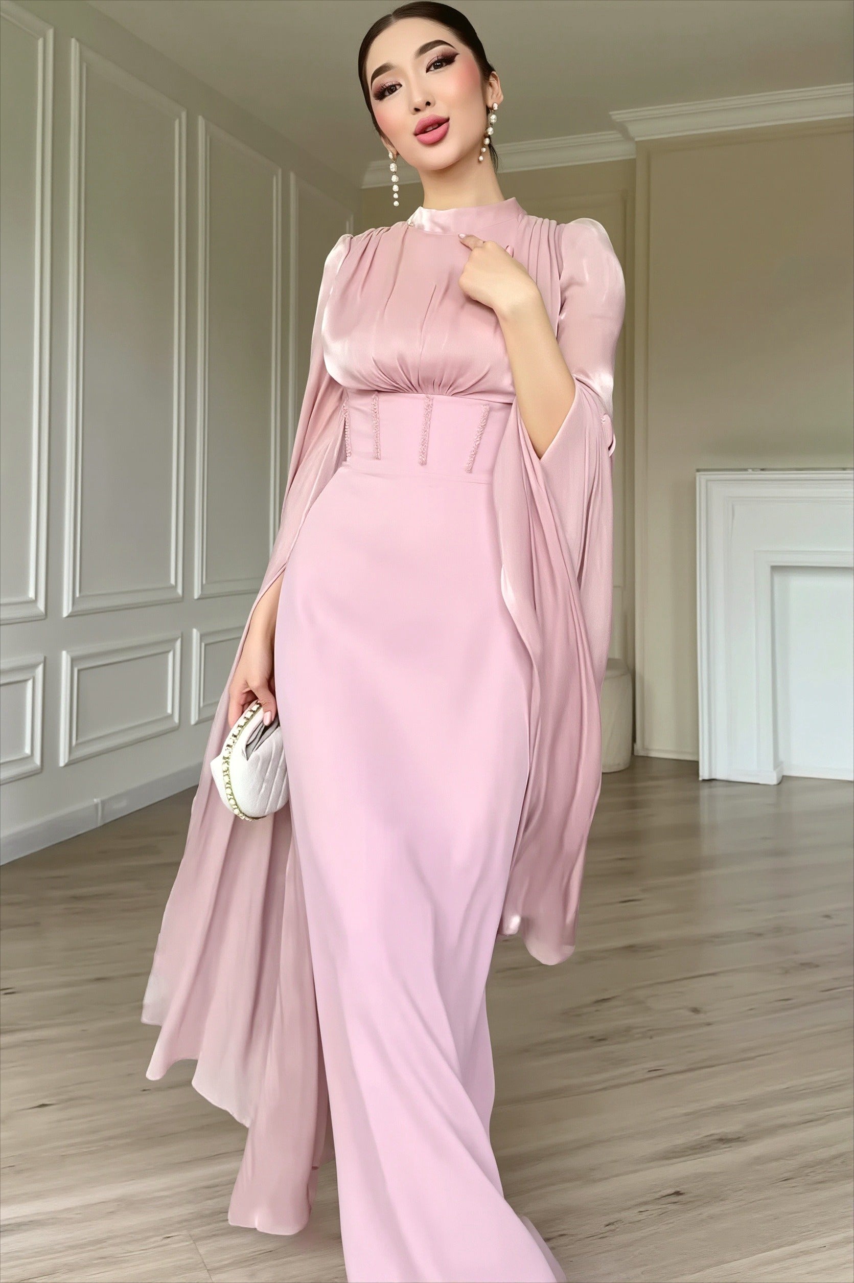 Glossy Flowy-Sleeve Slim Maxi Dress