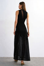 Ribbed-Knit Mesh-Splice Maxi Dress