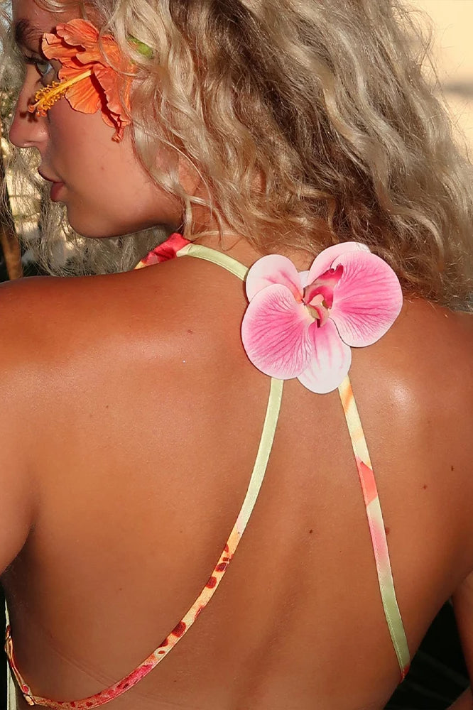 Floral Satin Halter Backless Dress