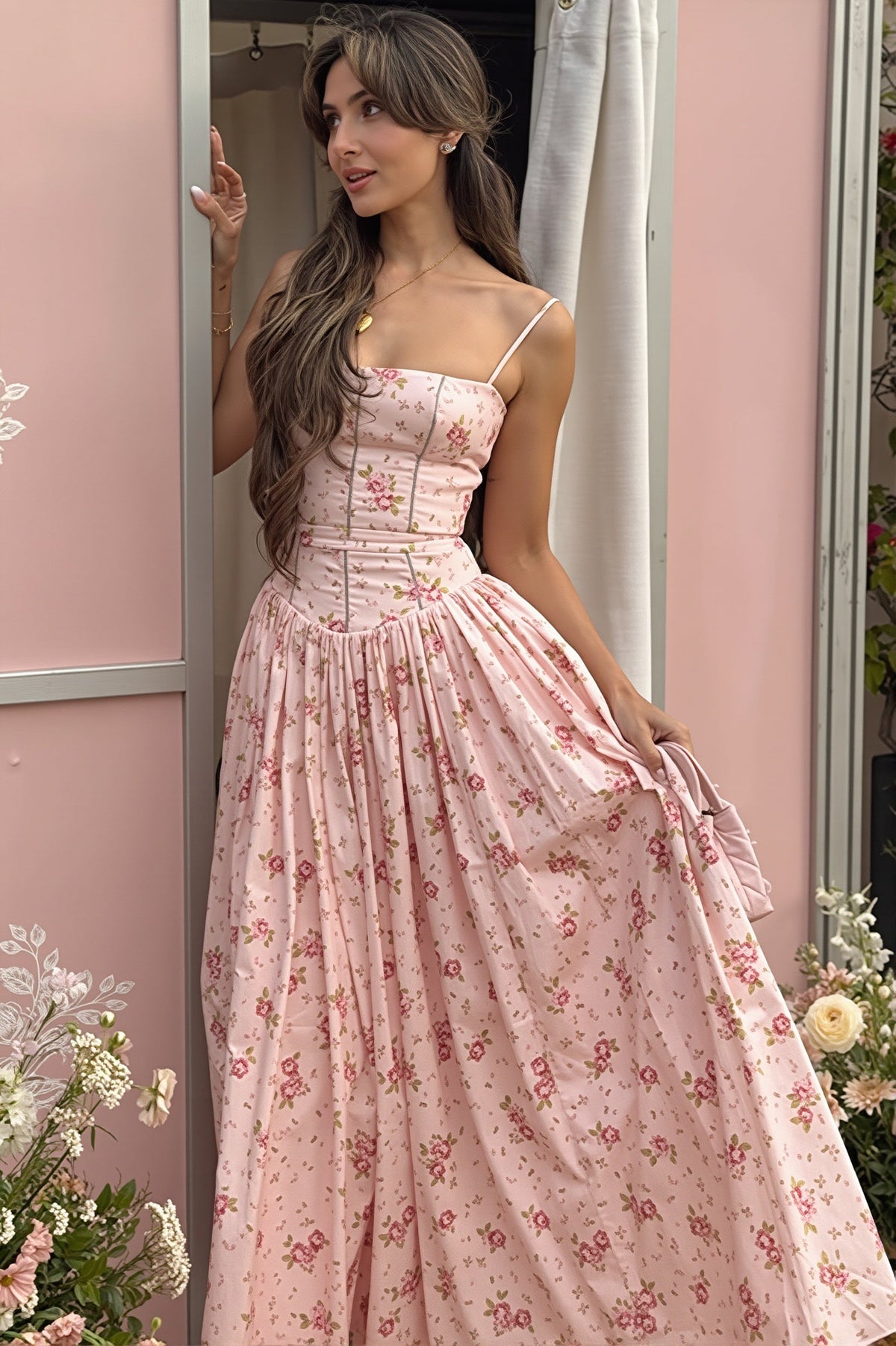 Vintage-Floral Cami Slim Maxi Dress