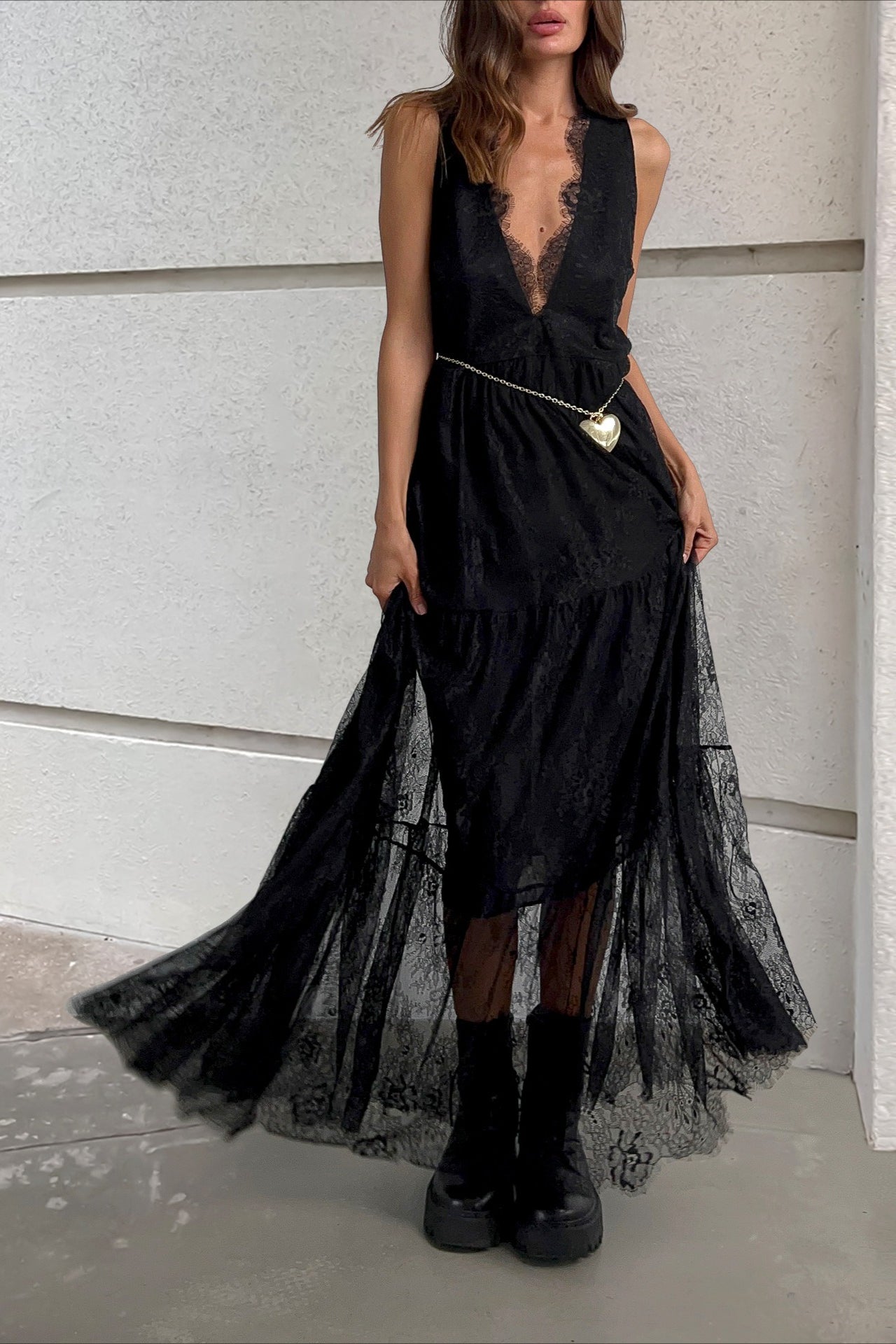 V-Neck Loose Lace Maxi Dress