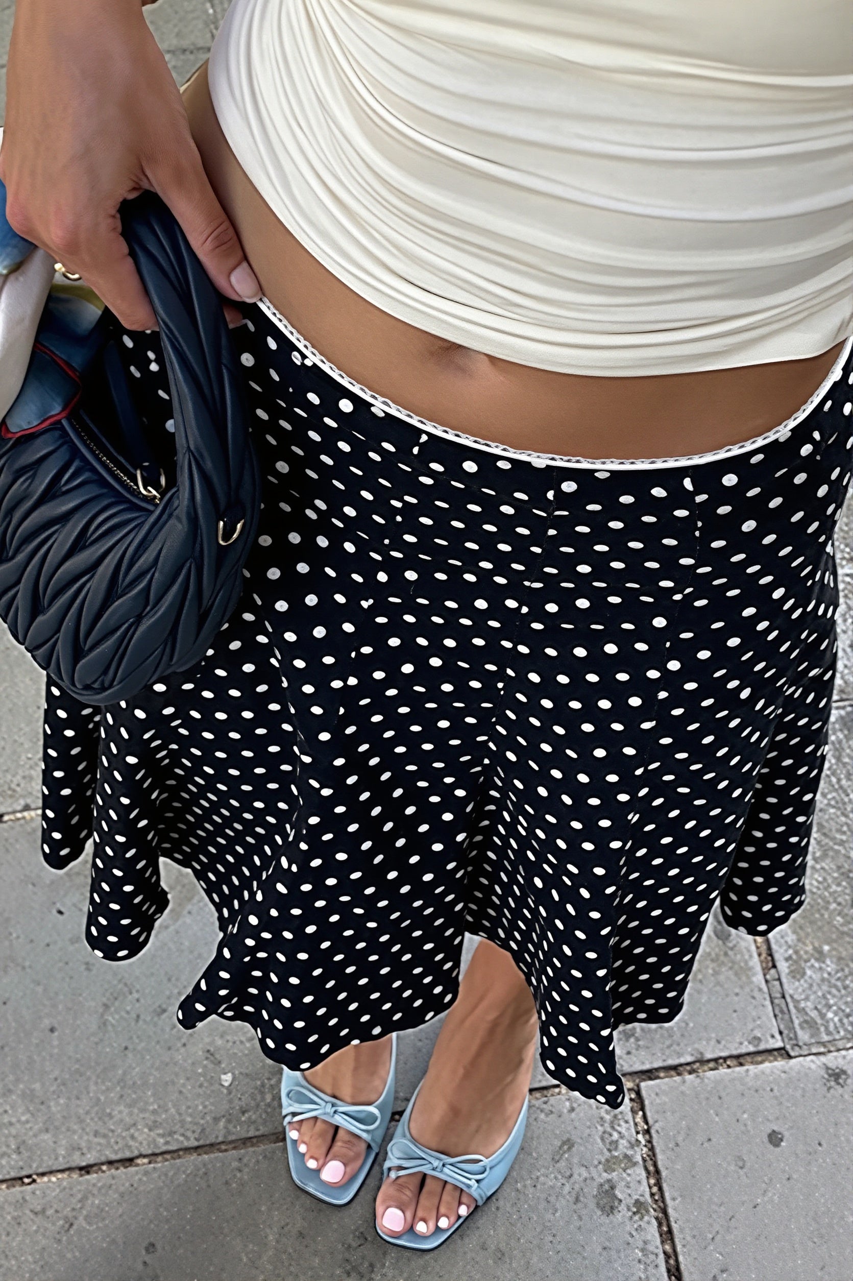 Polka Dot Ruffle-Trim Bodycon Midi Skirt