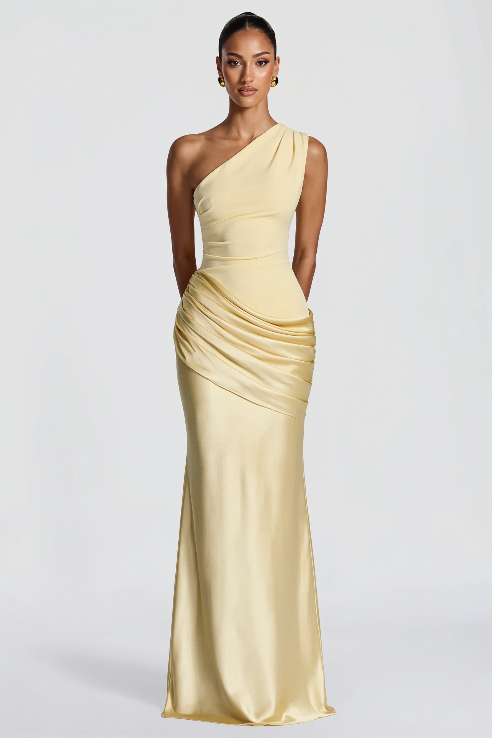 Satin-Splice Ruched Slim Maxi Dress