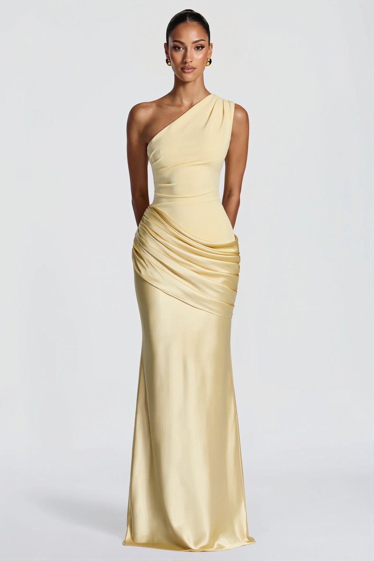 Satin-Splice Ruched Slim Maxi Dress