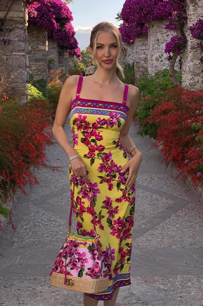 Vintage-Print Cami Slim Midi Dress