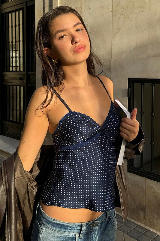 Polka Dot Color-Block Lace Cami Top