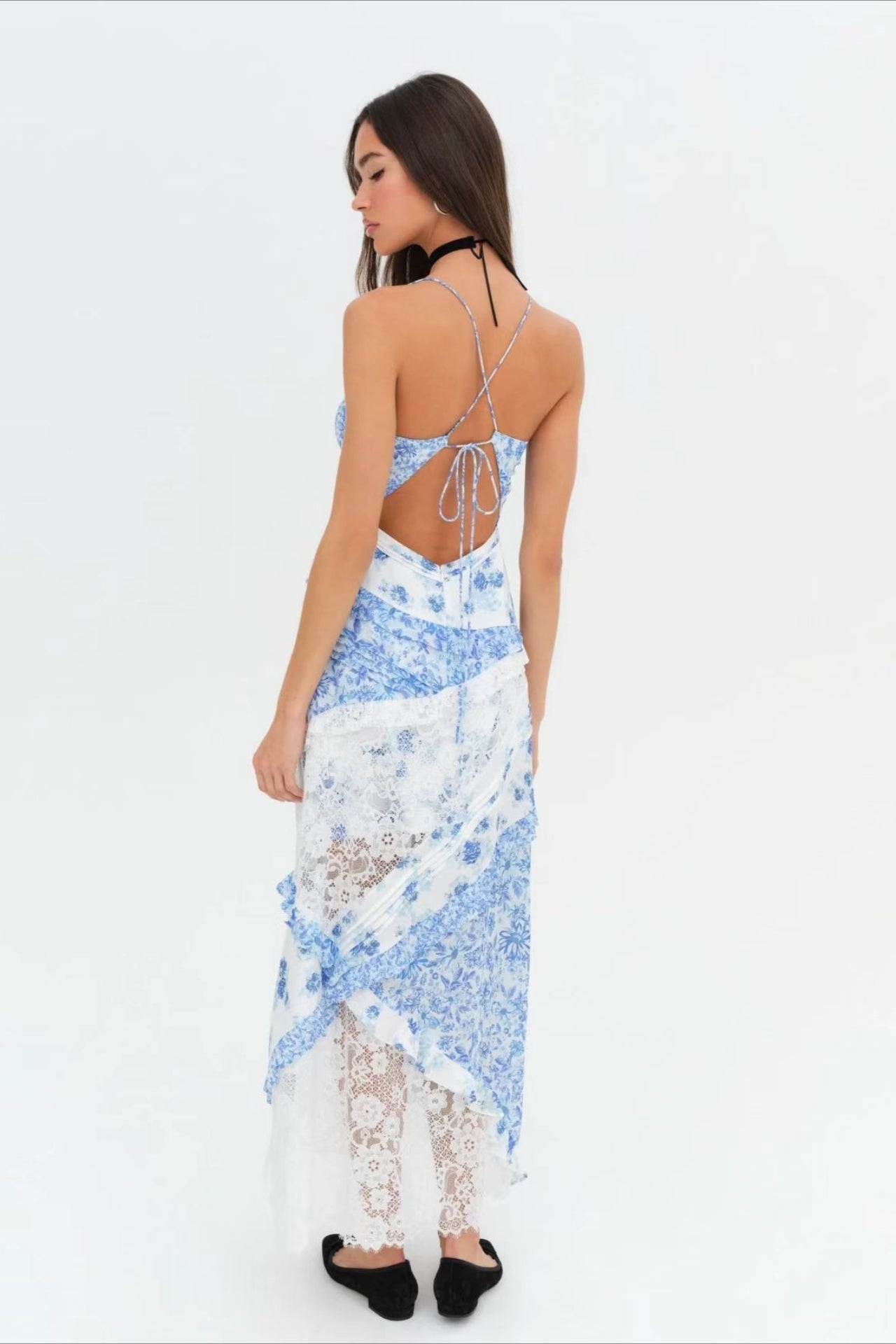 Floral Lace-Patchwork Ruffle Cami Maxi Dress