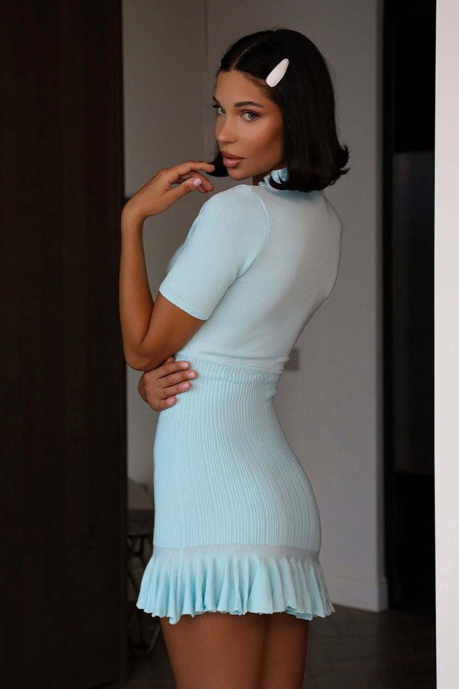 Ribbed Short-Sleeve Mini Dress